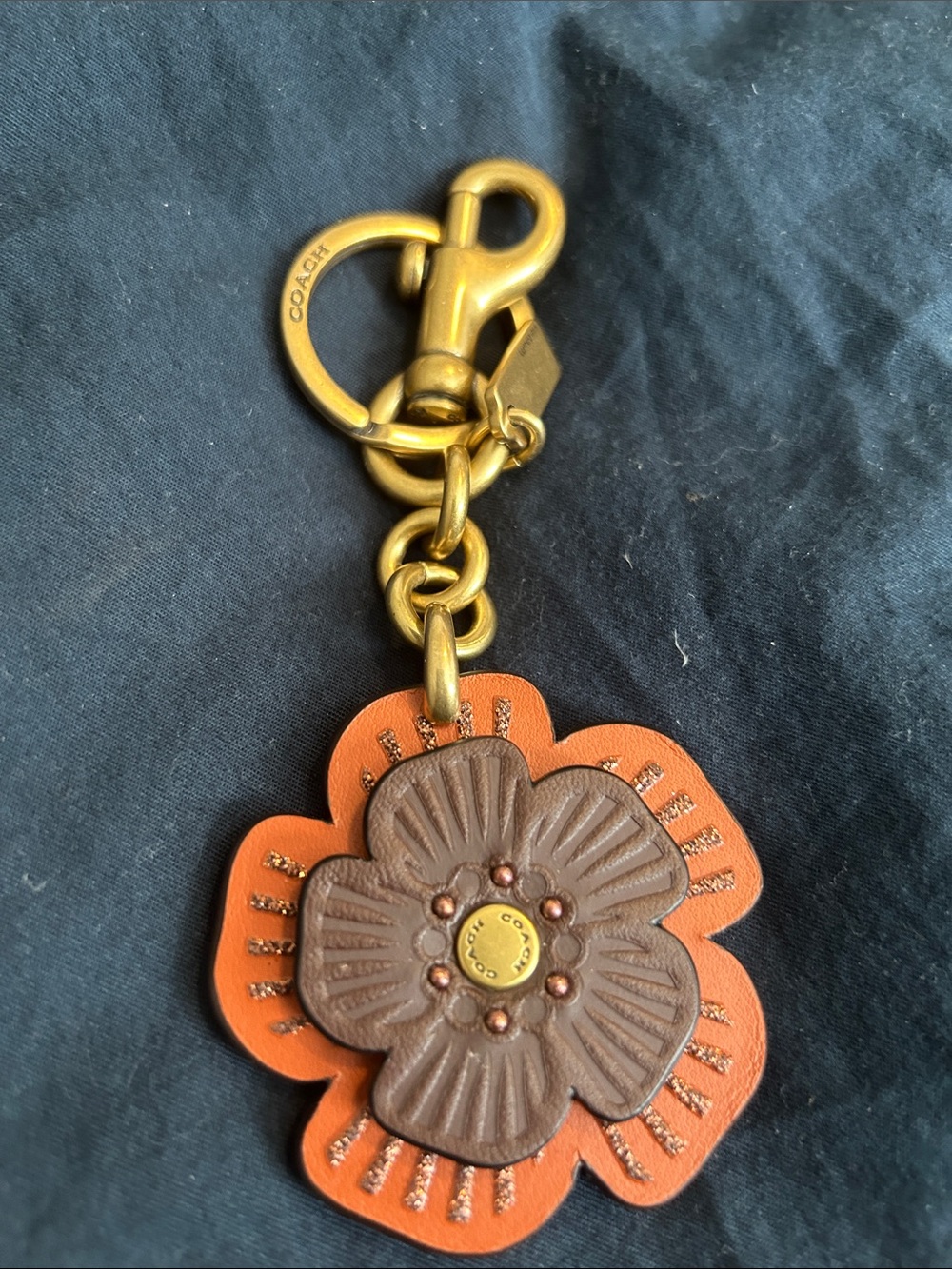 Coach Orange & Brown Flower Leather Keyring with Gold Hardware